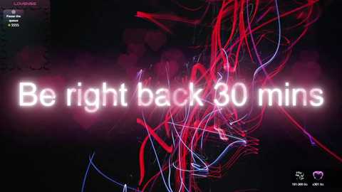 Video of a digital light display with glowing red and blue lines forming abstract patterns against a dark background. Text overlaid reads, \"Be right back 30 mins.\