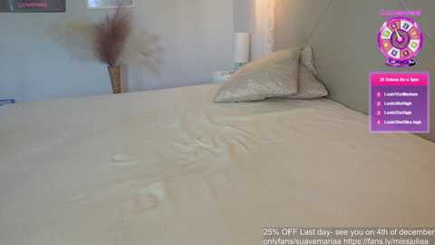 Video of a modern bedroom with a large, neatly made bed covered in beige sheets and a green headboard. A purple promotional banner on the right reads, \"25% OFF Last day to win all deposits!\