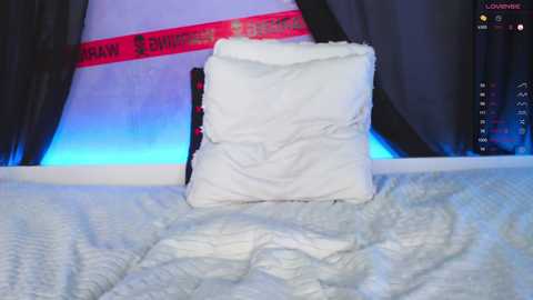 Video of a white, fluffy pillow on a bed with gray, quilted bedding, against a background with dark curtains and a red banner reading \"BAN.\
