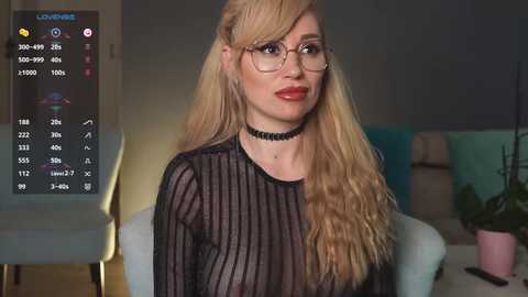 Video of a blonde woman with long hair, wearing glasses and a sheer black top, sitting in a modern living room.