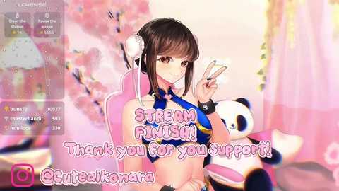 A colorful anime-style digital drawing features a young woman with dark hair, wearing a blue crop top, making a peace sign. Background includes soft pink hues and a \"Stream Finished!\" text overlay.