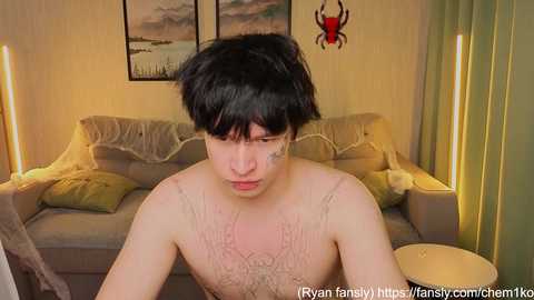 Video of a young, fair-skinned, androgynous person with black hair and a spider tattoo on their right cheek, wearing a sheer, lace top. The background features a beige sofa, green curtains, and a red spider decoration.