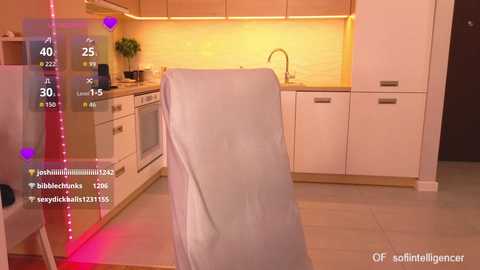 Video of a modern kitchen with white cabinets, a beige backsplash, and a covered chair, overlaid with social media app icons showing user statistics and comments.