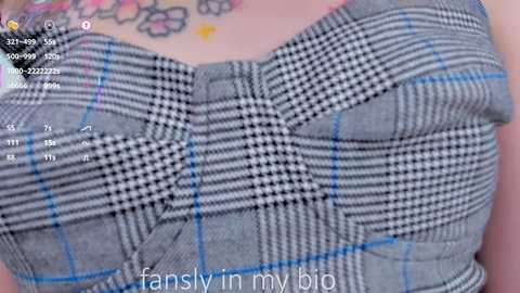 Media: A close-up video of a person's chest showing a gray plaid dress with a textured fabric and visible tattoo designs.