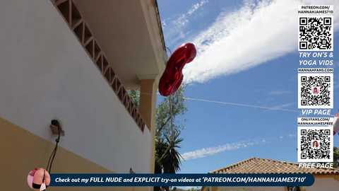 Video of a man in swimwear, holding a red ball, standing near a beige building under a clear sky. QR codes and text promote a VR video.