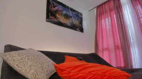 Video of a modern living room with a dark gray sofa, orange pillow, and beige patterned pillow. Wall art of a colorful abstract scene hangs above, and large pink curtains cover a window.