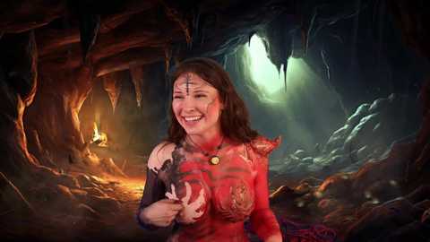 Video of a smiling woman with long brown hair, wearing a red and black tribal outfit, standing in a dimly lit cave with stalactites and a glowing torch.