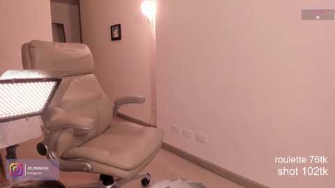 Media: Video of a minimalist, beige leather recliner chair with a mesh side table in a small, dimly lit room with light-colored walls.