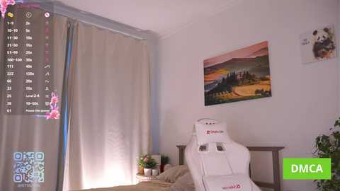 Video of a minimalist room with beige curtains, white chair, \"DMCA\" watermark, and a colorful landscape painting on the wall.