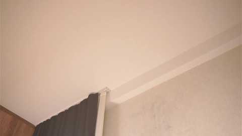 Media: Video of a corner of a room featuring a beige wall and a black curtain. The ceiling is white and slightly textured. The image is simple and minimalistic, emphasizing the architectural elements.