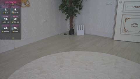 Media: A video of a modern, minimalist living room with beige carpet, white walls, a tall potted plant, a decorative white door, and a white sofa in the background.