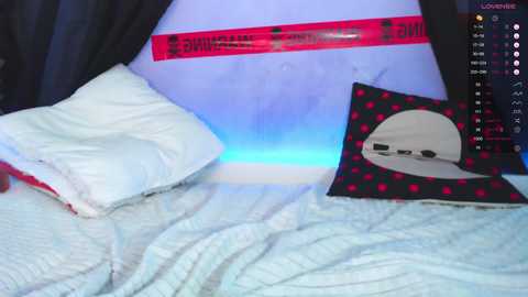 Media: Video of a messy bed with white sheets and a black pillow, featuring a red duct tape sign and a black and red polka-dotted pillow. A laptop screen shows an open document with text.