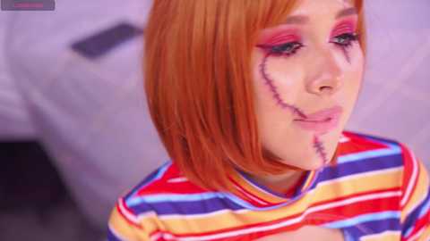 Video of a young woman with fair skin, short red hair, and bright, colorful makeup. She wears a multicolored striped top, with a black scar-like mark on her face. The background is blurred.