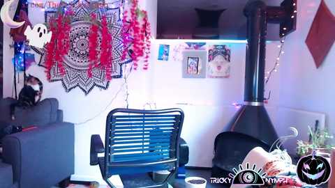 A vibrant, colorful video of a cozy room with a gray couch, blue patio chair, hanging macram\u00e9 wall decor, and a black fireplace. The background features a white wall adorned with fairy lights, photos, and a large mandala tapestry.