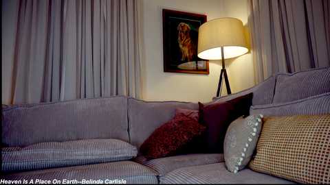Video of a cozy living room with a beige sectional sofa adorned with patterned cushions, a large floor lamp, and a framed art piece on the cream-colored wall.