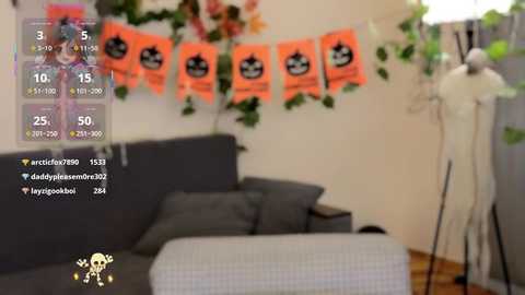 A blurry video of a modern living room with a grey couch, orange banners, and a mannequin; overlaid with virtual AR data including user names and icons.