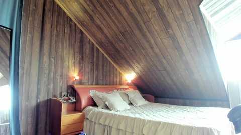 Video of a cozy attic bedroom with wooden-paneled walls, a sloped ceiling, a queen-sized bed with beige ruffled bedding, two pillows, and two bedside lamps on wooden nightstands.