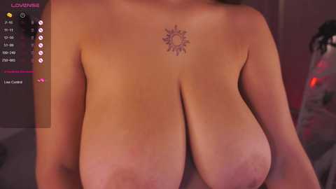 A video of a topless woman with large, natural breasts, featuring a small sun tattoo between them. The background is a dimly lit room with blurred furniture.