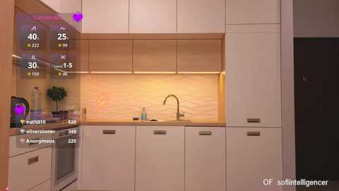 A modern kitchen photo with white cabinets, light wood backsplash, and sleek stainless steel appliances; digital overlays show weather and temperature.