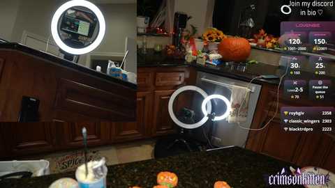 Media: Video of a kitchen with a ring light, wooden cabinets, a pumpkin, a selfie stick, and a live stream overlay.