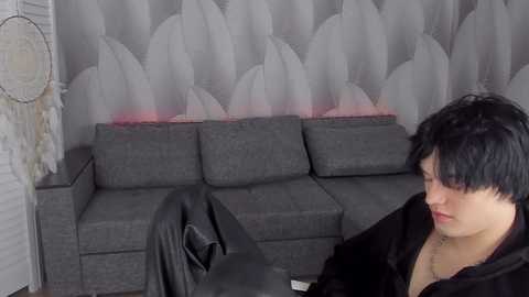 A video of a young man with black hair and fair skin, wearing a black hoodie, sitting on a gray couch in a room with a gray leaf-patterned wallpaper.