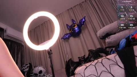 Video of a dimly lit room with a large circular light, a black cat, a Batman helmet, and a blue spiderman statue on a white bed.