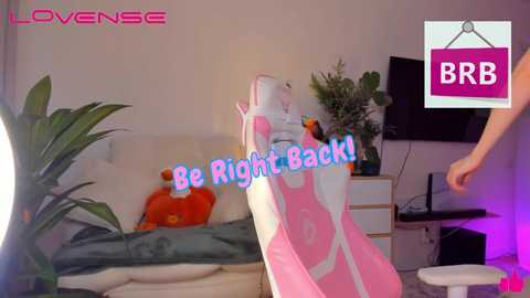 Video of a modern bedroom with a white bed, orange pumpkin decoration, green plant, and a pink inflatable slide; text overlay reads \"Be Right Back!\