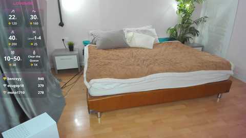 Video of a modern, minimalist bedroom with a queen-sized bed, light wood flooring, and a potted plant on the right.