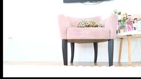 A video of a pink armchair with black legs, adorned with a leopard-print pillow, placed in a bright, modern living room with white walls, wooden floor, and a white rug.