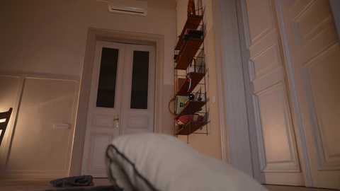 A dimly lit video of a cozy hallway, featuring a white door with frosted glass panels, a wooden shelving unit with various items, and a plush white pillow in the foreground.