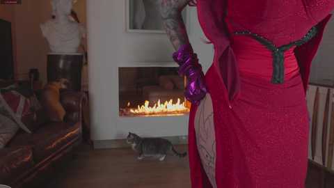 A video captures a person in a red dress with purple gloves, standing beside a lit fireplace with a small cat near a sofa in a cozy, warmly lit living room.