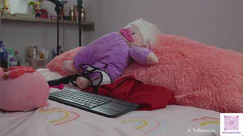 Video of a plush duck with a purple shirt, lying on a pink bed with rainbow sheets, using a laptop; background includes a shelf with toys and a black microphone.