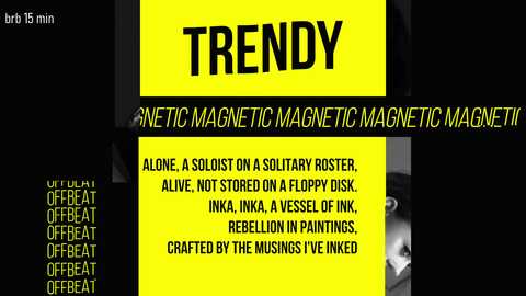 A digital artwork with a bold yellow background featuring the word \"TRENDY\" in black, surrounded by text describing \"SOLAR ROSTER,\" \"ALONE,\" \"INK,\" and \"MUSINGS.\