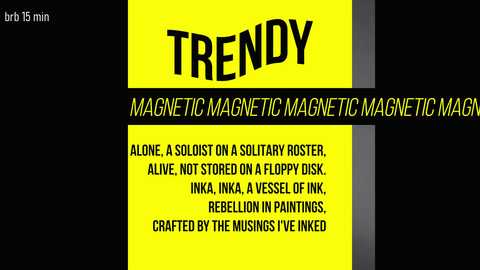 A digital graphic with a yellow background, black text, and a \"Trendy\" header. It describes a magnetic mug with a solitaire roaster, flippable disk, and rebel ink, created by the Muses Inked.