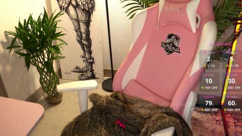 Video of a pink gaming chair with a logo, a brown fur blanket, and a plant in a corner, displaying health and battery indicators on the right.