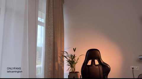 A video of a minimalist bedroom with a black gaming chair, a potted plant, sheer white curtains, and soft natural light.
