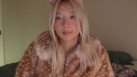 A video of a young Asian woman with long, platinum blonde hair, wearing a brown, faux fur coat with white spots, resembling a deer. She has light skin, subtle makeup, and is smiling. The background is a dimly lit room with a bed and beige walls.