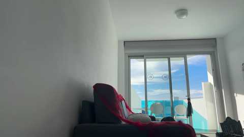 Media: Video of a modern, minimalist bedroom with a large glass door and balcony, showcasing a vibrant blue sky and buildings. A dark gray couch with a red blanket and a black bag are visible.