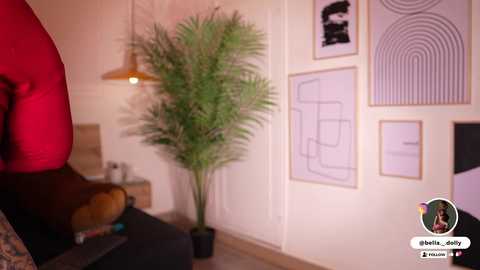 Video of a cozy bedroom with a large potted palm tree, red chair, beige walls adorned with minimalist black-and-white art, and a warm yellow pendant light.