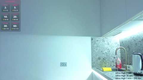 Video of a modern kitchen with a sleek, white backsplash, granite countertops, and a stainless steel sink. The counter holds a red sponge and a microwave. A digital thermometer displays temperatures in Celsius and Fahrenheit.