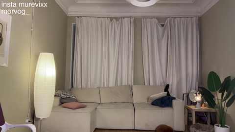 A video of a modern living room featuring a beige sectional sofa with pillows, white curtains, a floor lamp, and a small potted plant.