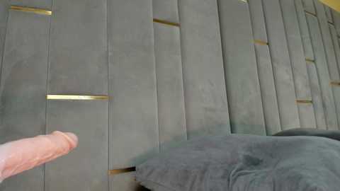 Media: Video of a modern, grey upholstered headboard with horizontal gold stripes, a hand holding a penis, and a grey pillow in the foreground.