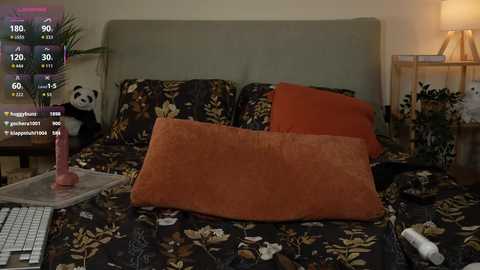 Video of a cozy bedroom with a beige headboard, dark floral duvet, orange pillow, a pink dildo on a nightstand, and a digital thermometer displaying 98.6\u00b0F.