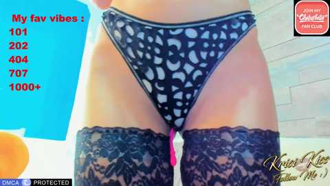 Video of a woman's lower torso in black lace-patterned panties, black thigh-high stockings, and white undergarments. Text overlay in red reads, \"My favorite vibes: 101, 202, 704, 707, 1000+.\" Background shows a light-colored wall.