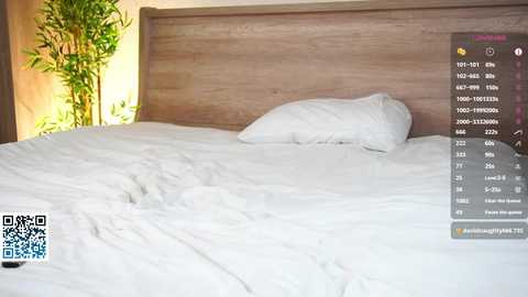 Video of a neatly made bed with white sheets and a wooden headboard, a potted plant in the background, and a QR code and text overlay.