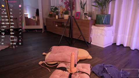 Video of a dimly lit bedroom with a pink, fur-covered bondage device on a dark wooden floor. Background shows a vanity with makeup and a potted plant, a mirror, and a bed with white curtains.