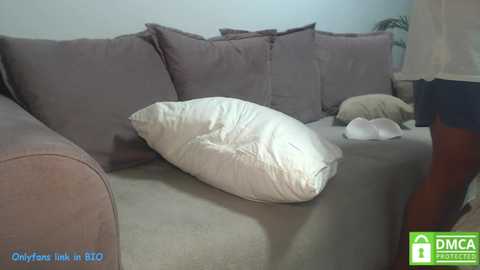 Video of a beige sectional sofa with a white pillow and two white socks on it, against a light blue wall.