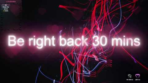 A vibrant digital illustration with neon-colored, abstract lines in red, pink, and blue forming intricate patterns against a dark background. The text \"Be right back 30 mins\" is prominently displayed in white.