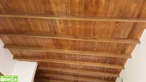 Video of a wooden ceiling with exposed beams, showing natural wood grain and texture, with a subtle watermark reading \"NICCOLA BASHFELL.\