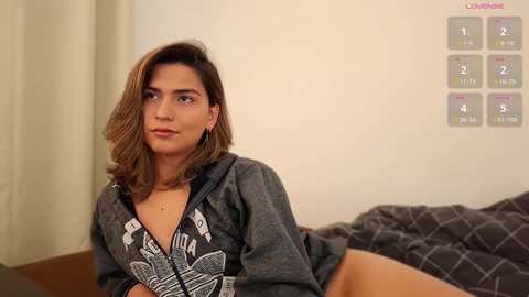Video of a light-skinned woman with shoulder-length brown hair, wearing a grey hoodie with a graphic design, sitting on a bed in a bedroom with a tiled shower and a calendar on the wall.